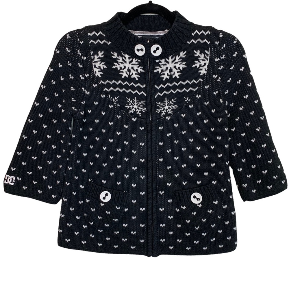 DC Fair Isle Knit Black White Snowflake Cropped Full Zip 3/4 Sleeve Sweater S